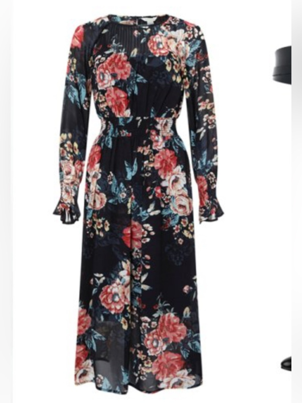 Monsoon Black Floral Long Sleeve Sheer Maxi Dress with Pink Roses 6 M